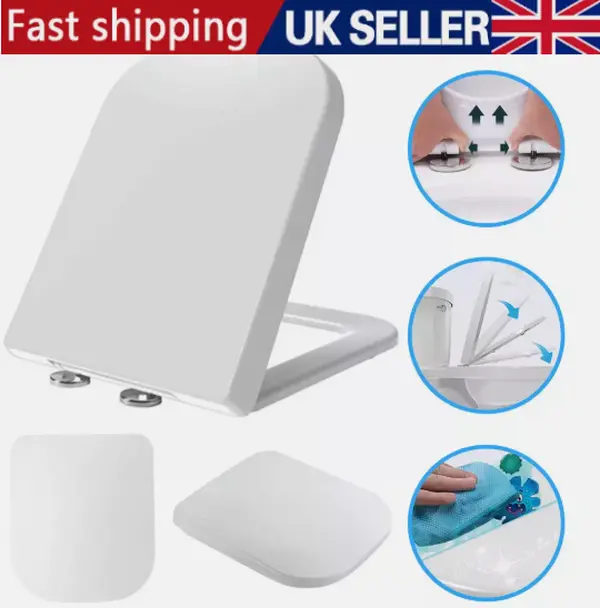 Luxury Square Toilet Seat Heavy Duty White Soft Close Top Quick Release Hinges