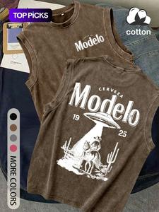 Cotton vintage distressed men's Fitted vest, crew neck, trendy sleeveless top, featuring Mexican beer and UFO Graphic prints, men's summer wear.