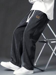 Men's Letter Patched Drawstring Waist Corduroy Pants, Pocket Loose Casual Comfy Straight Leg Trousers for Fall & Winter, Men's Bottoms for Daily Wear, Casual Streetwear Trousers