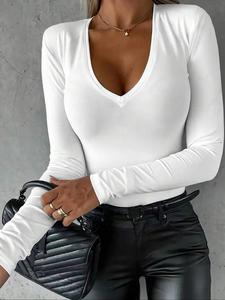women's solid color v neck long sleeve tee, casual basic t-shirt for spring & fall, fashion women's top for daily wear, womenswear
