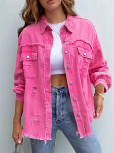 Women's Back to School Plain Button Front Ripped Drop Shoulder Coat, Casual Long Sleeve Shirt Collar Outerwear for Spring & Fall, Women's Tops for Daily Wear, Ladies Jackets & Coats Boardmasters Outfits