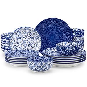 vancasso SELENE Plates and Bowls Set for 4/6, 12/16/18/24 Pieces Stackable Dinnerware Sets, Mircowave and Dishwasher Safe Serving Dishes Set, Porcelain Vintage Blue Dinnerware
