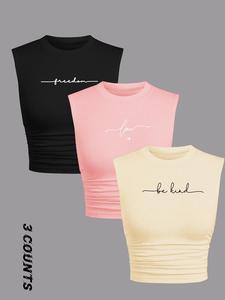 Women's Letter  Print Round Neck Tee, Casual Slim-fitting Sleeveless T-shirt, Ladies Summer Clothes for Daily Wear