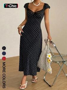 Women's  Polka Dot Print Patchwork Lace Trim Sweetheart Neck Puff Short Sleeve A-Line Midi Dress, Minimalist Vacation Travel Elegant Sweet Casual For  Spring Summer