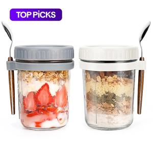 350ml/12oz Glass Storage Jar with Lid & Spoon, 2 Counts Portable Overnight Oats Breakfast Cup, Insulated Food Storage Container for Home Kitchen Office School Dormitory Picnic