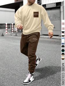 Patchwork Drop Shoulder Pocket Sweatshirt & Letter Print Drawstring Sweatpants, Regular Fit Casual Fashion Cozy Round Neck Long Sleeve Pullover & Elastic Waist Trousers for Daily Wear, Men's Outfits for Fall & Winter Men's Paris Tracksuit