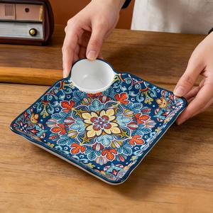 Floral Pattern Ceramic Plate, 1 Count Rectangular Sauce Dish with Handle, Serving Plate for Dumpling, Toast, Fries, Modern Ceramic Plates, Kitchen and Tableware