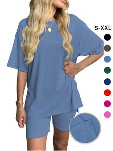 Women's Solid Color T-Shirt and Tight Shorts Set, Summer Comfort Round Neck Sleepwear Pajamas, Pocket Design, Outdoor Wear