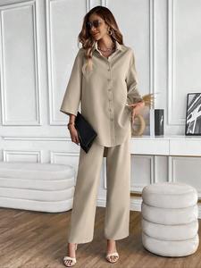 Two-piece Set Women's Solid Color Button Front Long Sleeve Shirt & Elastic Waist Wide Leg Pants, Elegant Fashion Casual Outfits for Daily Outdoor Wear, Ladies Clothes for All Seasons