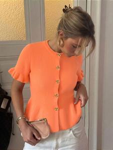 Women's Summer Knit Top Blouse with Button Ear Design, Cream Casual Short Sleeve, Elegant Relaxed Fit for Dating and Daily Wear