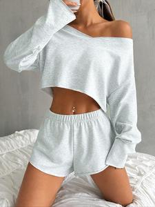 Two-piece Set Women's Solid Drop Shoulder Crop Top & Elastic Waist Shorts, Casual Fashion Cozy Two Piece Outfits for Daily Wear, Ladies Clothes for All Seasons, Womenswear