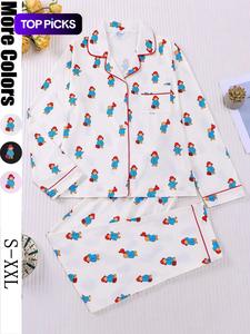 Cute Doll Bear Print Women's Sleepwear Set, Long Sleeve Button Front Top and Loose Elastic Pants, Casual All-Season Home Wear
