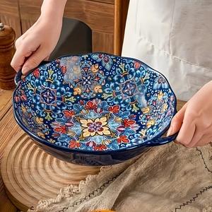 Bohemian Style Large Capacity Soup Bowl Pot, Tableware, Microwave Safe Dual Handles, Durable Design, Perfect for Home Dining & Parties