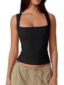 Women's Square Neck Sleeveless Double-Layer Tank Tops Basic Tight T Shirts Casual Comfort for Underwear - Womenswear