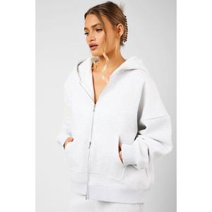 Kaiia Script Logo Oversized Double Ended Zip Through Hoodie Light Grey Marl