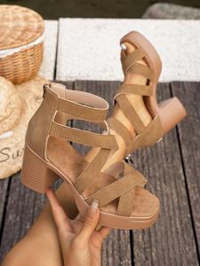 Cross Strap Thick Sole Chunky Heel Roman Sandals, Open Toe Back Zipper, Casual Summer Shoes for Daily Commute, Beach Vacation