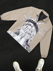 Men's Regular Fit Statue Of Liberty Print Zip Up Longsleeves Jacket, Casual Fashion Comfy Long Sleeve Collared Outerwear for Daily Outdoor Wear, Men Cloths for Spring & Fall, Men's Clothing, Menswear, Casual Fitted Jacket
