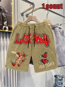 Men's Letter & Angel Print Drawstring Shorts, Casual Comfy Fashion Breathable Shorts for Daily Wear, Men Bottoms for Summer