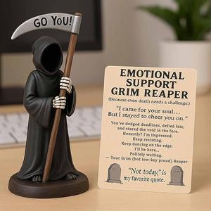 FuRise Emotional Support Grim Reaper Figurine – Halloween Resin Sculpture for Porch, Garden, and Party Decor,Grim Reaper Figurine,Halloween Reaper Statue,Scythe Skeleton Figurine,Halloween Cat Grim Reaper,Resin Grim Reaper Toy,FuRise Halloween Statue