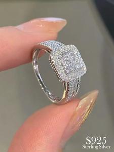925 Sterling Silver Luxury Rhinestone Decorated Square Ring, Fashion Hand Matching Jewelry Accessories for Women, Elegant All-match Fashion Accessories for Daily Wear, Valentine's Day Gift, Trendy Fine Jewelry