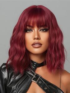 14 Inch Red Short Curly Bob Wigs For Women, Gorgeous Fluffy Wigs With Bangs, Synthetic Full Machine Wigs For Party, Daily Use