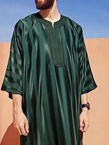 Men's Striped Embroidery Long Sleeve Robes, Loose Casual Comfy Three Quarter Length Sleeve Robe for Daily Wear, Muslim Clothing for Spring & Fall, Authentic Saudi Thobe