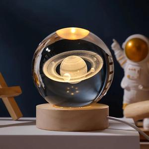 3D Universe Crystal Ball, USB Powered Wooden Base, Ideal Gift for Holiday Decor, Display Cabinets and Study Desks, Round Night Lamps