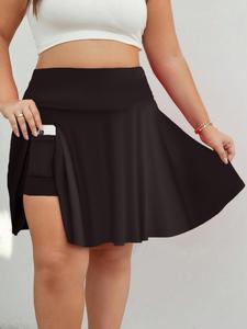 【Plus Size】 Solid Color Plicated Pocket Skorts, Casual Fashion Short Skirt for Daily Outdoor Wear, Women Clothing for All Seasons