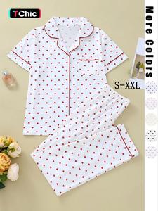 2 Pieces Women's Heart Print Pocket Button Front Shirt & Elastic Waist Pants Pajama Set, Pajama Sets Women, Pj Sets for Women, Valentine's Day Gift, Casual Short Sleeve Lapel Top & Trousers Lounge Set, Women's Sleepwear for Summer, Pajama Sets Women