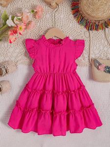 Toddler Girl's Solid Color Ruffle Trim Dress, Casual Cap Sleeveless Dress for Summer, Kids Clothes for Daily Wear, Princess Peach Poofy Dress, Solid Colored Dress, Ruffle Hem Dress