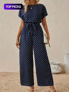 Women's Polka Dot Print Belted Wide Leg Jumpsuit, Casual Elegant Short Sleeve Round Neck Jumpsuit for Vacation Holiday Daily Wear, Ladies Clothes for All Seasons