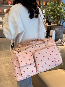Cute Strawberry Pattern Travel Duffle Bag, Large Capacity Corduroy Casual Luggage Bag, Portable Travel Bag for Women & Girls, Travel Duffels