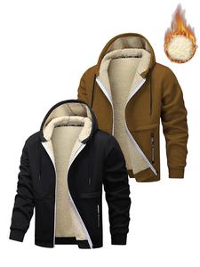 Men's Solid Zip Up Hooded Jacket, Casual Long Sleeve Drawstring Thermal Lined Outerwear for Fall & Winter, Men's Clothes for Daily Wear