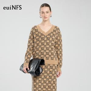 【EUINFS】Women’s V-Neck Jacquard Knit Set | Signature Check Sweater & Matching Knit Skirt | Elegant Autumn Winter Outfit【E733227】
