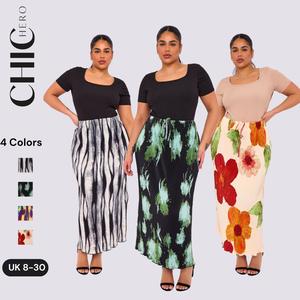 2025 Chichero New Floral Colours Printed Elasticated Waist Pleated Maxi Skirt Womenswear Boho Bottom Casual Elegance Polyester Straight Style