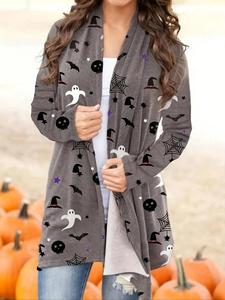 Women's Long Sleeve Coat, Casual Halloween Themed Ghost Print Open Front Outerwear for Fall & Winter, Ladies Clothes for Daily Wear