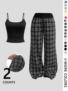 Two-Piece Set Women's Plain Crop Tank Top & All Over Plaid Print Pants, Casual Fashion Cozy for Daily Outdoor Wear, Ladies Clothes for All Seasons, Suits