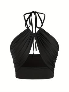Women's Solid Ruched Tie Back Halter Crop Cami Top, Fashion Casual Backless Top for Summer, Ladies Clothes for Beach Holiday Vacation