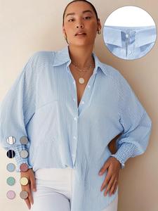 Plus Striped Print Button Front Pocket Shirred Blouse, Casual Bishop Sleeve Top for Daily Outdoor Vacation Holiday Wear, Women's Clothes for Spring & Fall