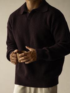 Men's Solid Drop Shoulder Ribbed Pullover, Regular Fit Cozy Casual Long Sleeve Collared Jumper for Fall & Winter, Men's Knitwear for Daily Wear