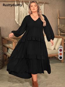 【Plus Size】 Plain Lantern Sleeve Tiered Ruffle Trim Smock Dress, Elegant V Neck Long Sleeve Dress for Vacation Party Wedding Guest, Women's Clothes for All Seasons