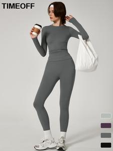 TimeOFF Two-piece Set Women's Seamless High Elastic Soft and Comfortable Breathable Round Neck Waist Printing Label Long Sleeve High Waist Shaping Trousers Yoga Clothing suit Outdoor Running and Cycling Fashion suit All-match long-sleeve trousers for gym