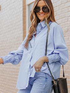 Women's Striped Print Shirred Bishop Sleeve High Low Curved Hem Shirt Front Pocket Collared Top, Button Up Blouse for Spring & Fall, Women's Clothing for Daily Wear
