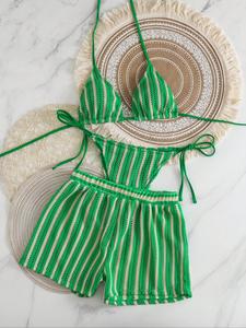 New Thong Mesh Three-Piece Bikini Set, Tie Back Bikinis, Tie Back Halter Swimsuit, Sexy Slim-Fitting Striped Swimwear for All Seasons