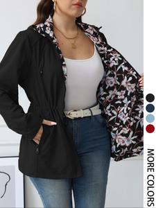 【Plus Size】 Floral Print / Plain Reversible Coat, Casual Long Sleeve Zipper Front Hooded Outerwear for Daily Wear, Women's Plus Clothing for All Seasons, Coats