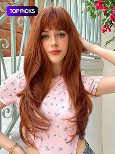 26 Inch Orange Long Curly Wigs for Women,  Gorgeous Fluffy Wigs with Bangs, Synthetic Full Machine Wigs for Party, Daily Use