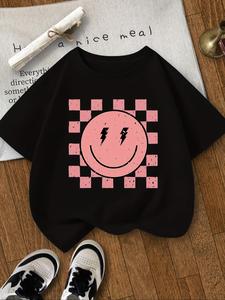 Girl's Smile Face Print Round Neck Tee, Fashion Casual Short Sleeve T-shirt for Daily Wear, Kids Clothing for Summer, Top