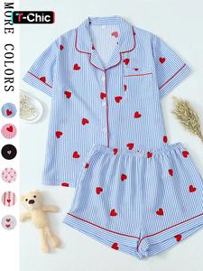Women's Heart Print Short Sleeve Shirt & Shorts Pyjama, Cute Comfy Pj Set for Women, Women's Sleepwear for Summer, Loungewear, Pastel Cute Pajamas