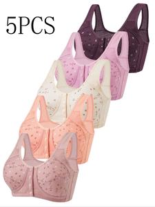 Women's Wireless Push-Up Bra Set, Soft Comfortable No Underwire Floral Design, All-Season Casual Style, Moderate Support, Three Quarter Cups, Floral Print Bra