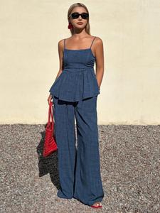 Women's Two-Piece Set Plain Tank Top and Wide Leg Pants, Casual Summer Vacation with Pockets, Slim-Fitting Suit